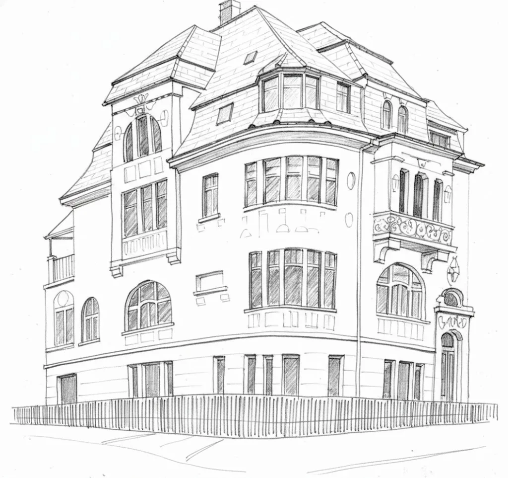 Historische Zeichnung des Ravensberg-Hauses in der Raesfeldstraße