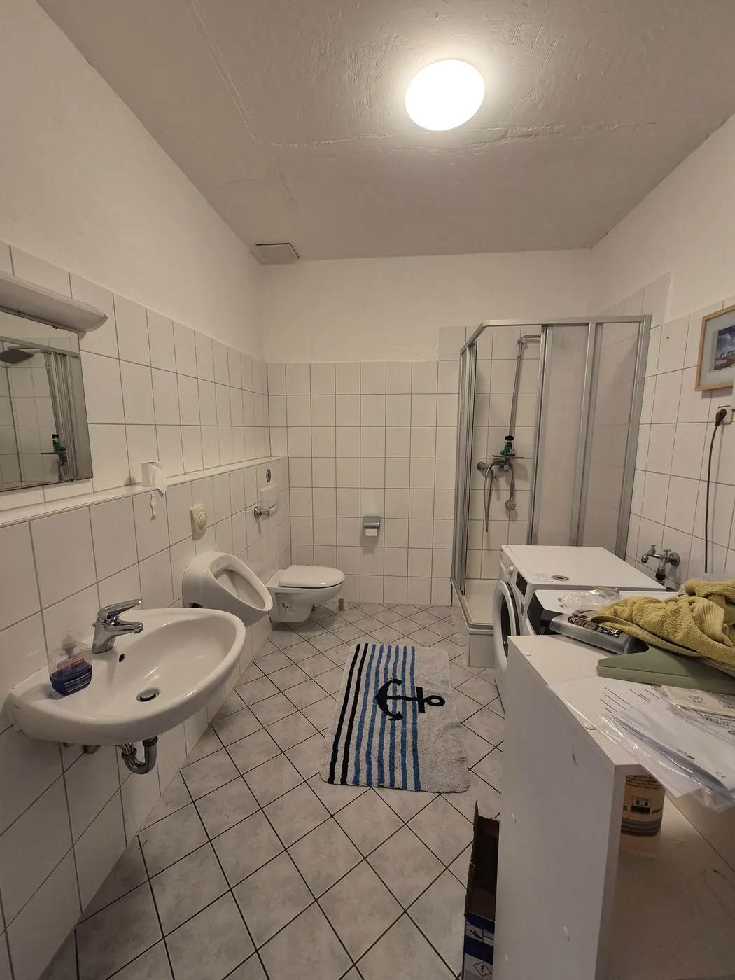 Badezimmer mit Dusche, Waschbecken und Waschmaschine